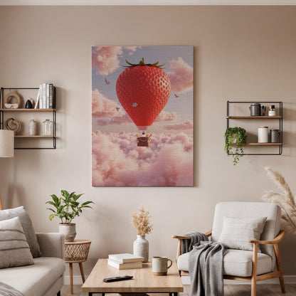 Strawberry Balloon Canvas Wall Art Framed, Whimsical Pink Cloud Print, Nursery Kids Room Decor, Baby Bedroom Playroom Fantasy Artwork