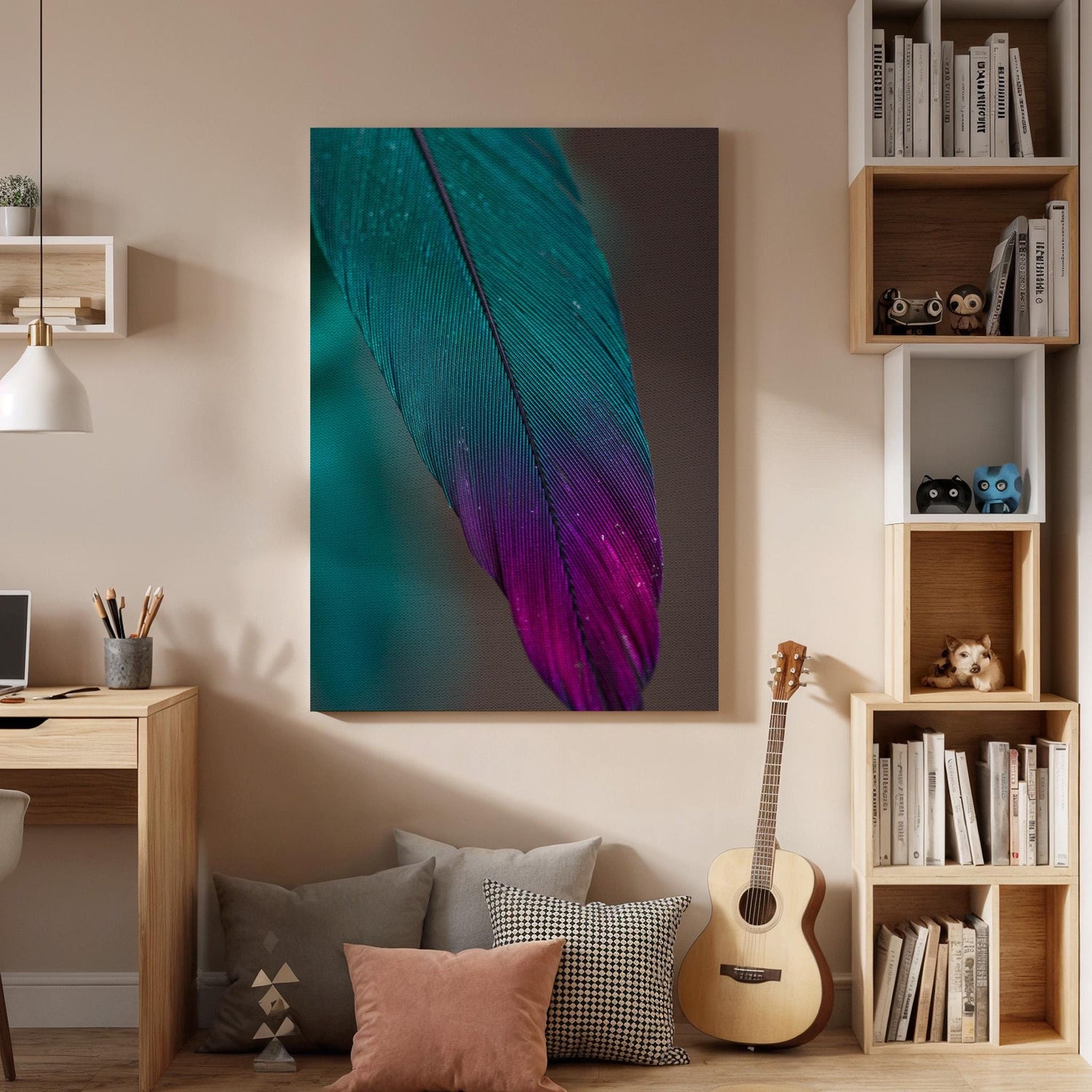 Teal Purple Feather Canvas Wall Art Framed, Modern Abstract Nature Print, Minimalist Bedroom Living Room Decor, Elegant Wall Artwork