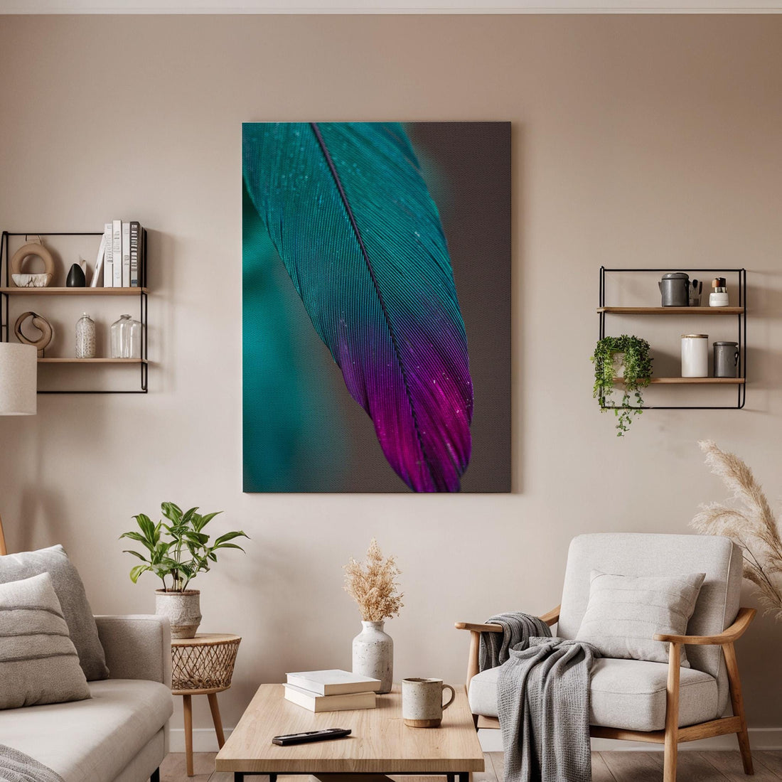 Teal Purple Feather Canvas Wall Art Framed, Modern Abstract Nature Print, Minimalist Bedroom Living Room Decor, Elegant Wall Artwork