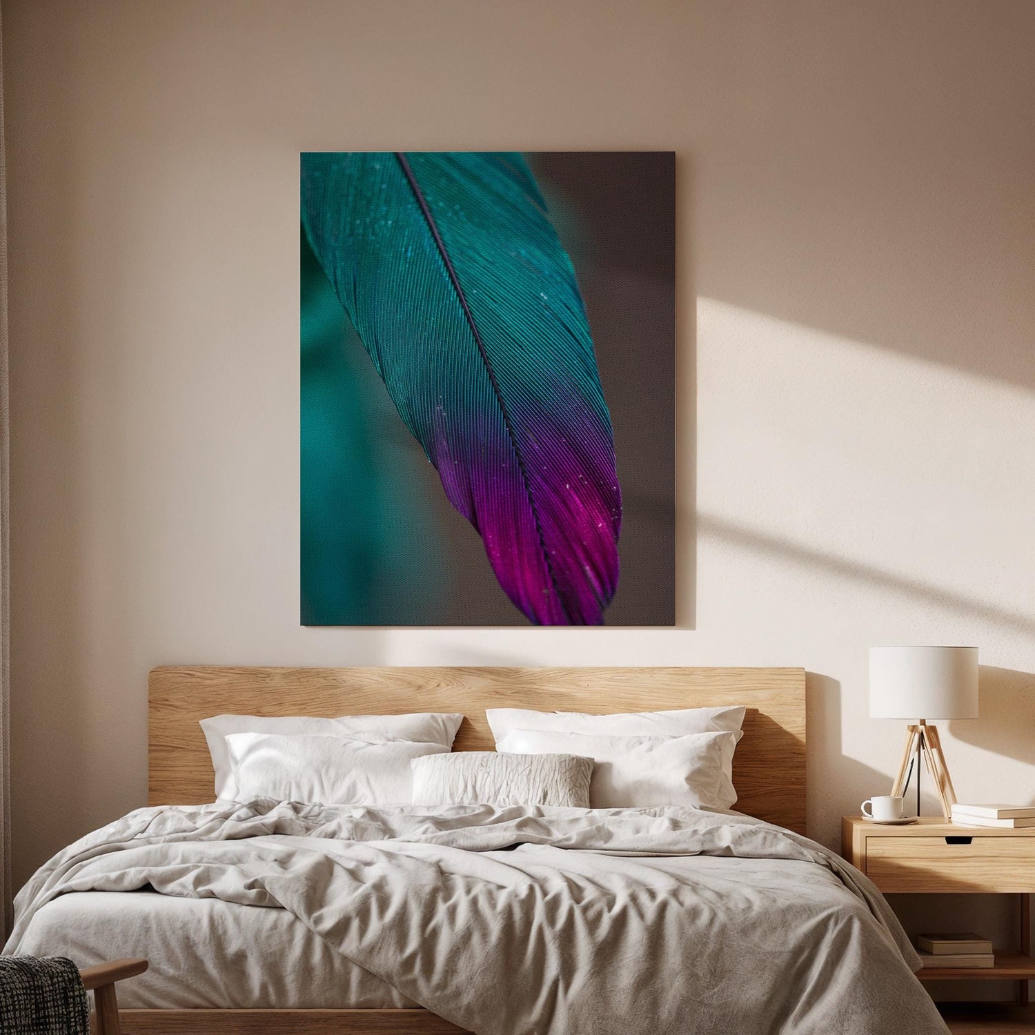 Teal Purple Feather Canvas Wall Art Framed, Modern Abstract Nature Print, Minimalist Bedroom Living Room Decor, Elegant Wall Artwork