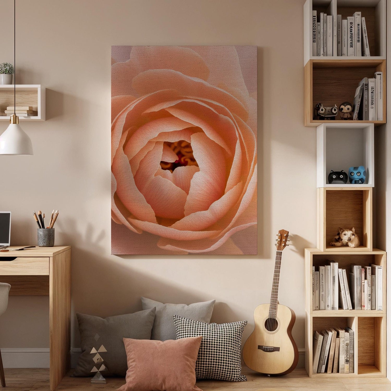 Peach Rose Canvas Wall Art Framed, Modern Pastel Floral Print, Elegant Botanical Bedroom Living Room Decor, Romantic Nature Wall Artwork