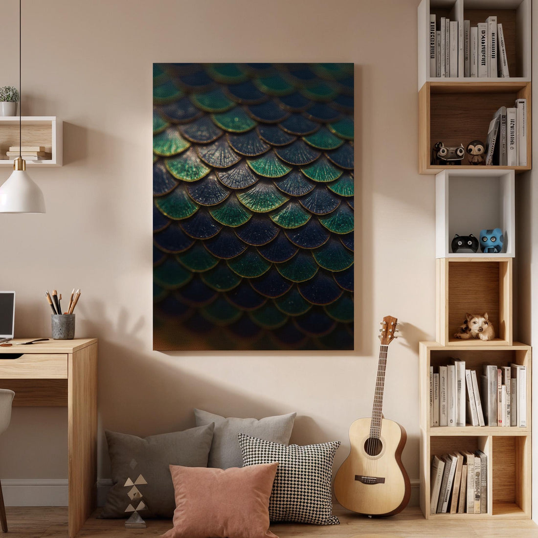 Mermaid Scales Canvas Wall Art Framed, Teal Blue Abstract Modern Print, Metallic Textured Nature Bedroom Living Room Decor, Ocean Wall Art