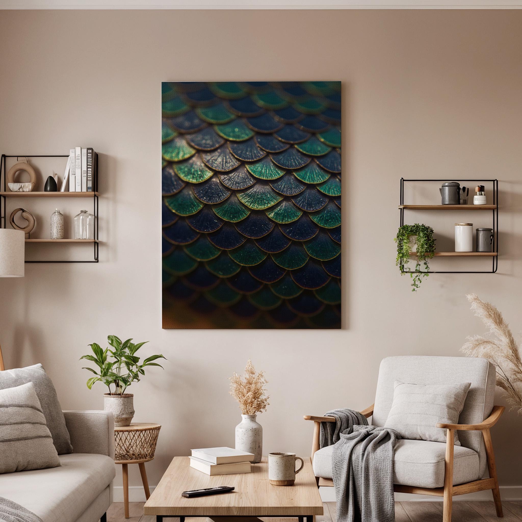 Mermaid Scales Canvas Wall Art Framed, Teal Blue Abstract Modern Print, Metallic Textured Nature Bedroom Living Room Decor, Ocean Wall Art