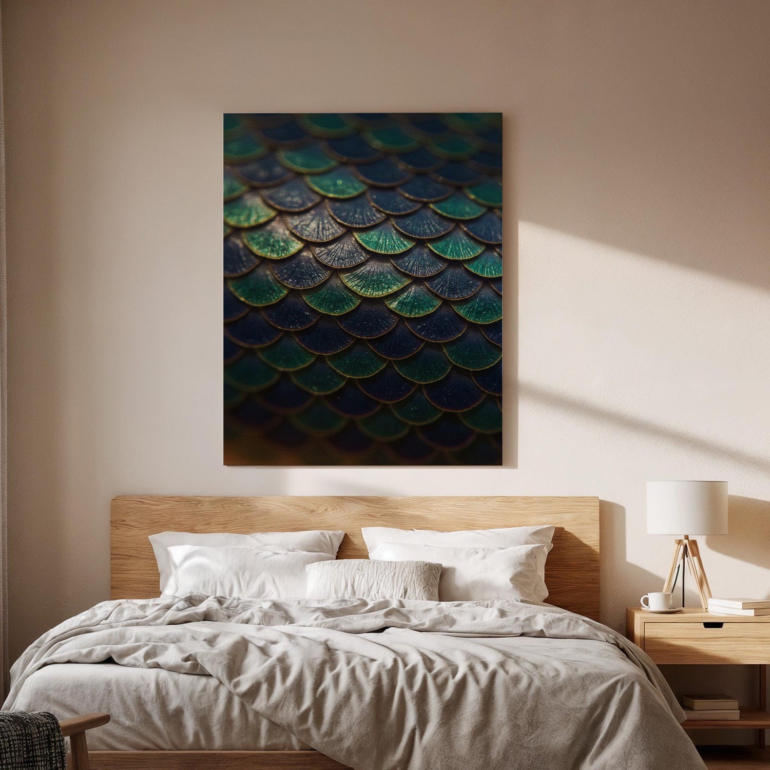 Mermaid Scales Canvas Wall Art Framed, Teal Blue Abstract Modern Print, Metallic Textured Nature Bedroom Living Room Decor, Ocean Wall Art