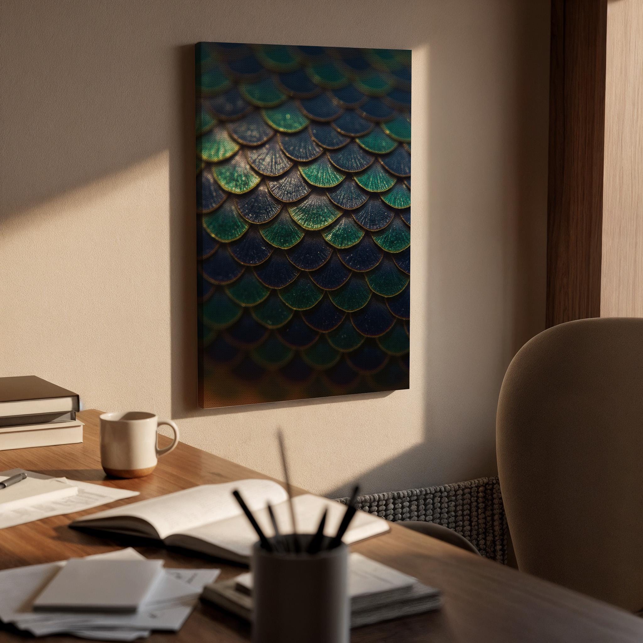 Mermaid Scales Canvas Wall Art Framed, Teal Blue Abstract Modern Print, Metallic Textured Nature Bedroom Living Room Decor, Ocean Wall Art