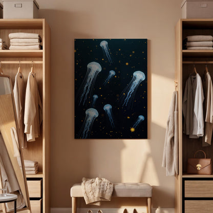 Blue Jellyfish Canvas Print, Modern Ocean Wall Art, Gold Lights