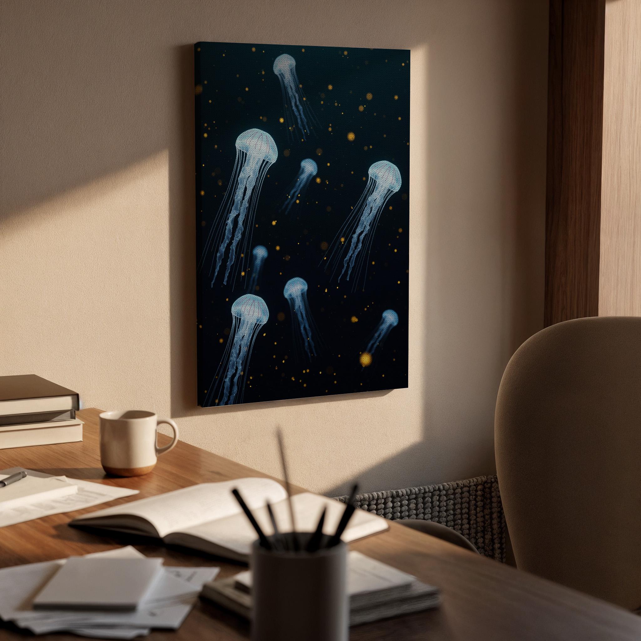 Blue Jellyfish Canvas Print, Modern Ocean Wall Art, Gold Lights