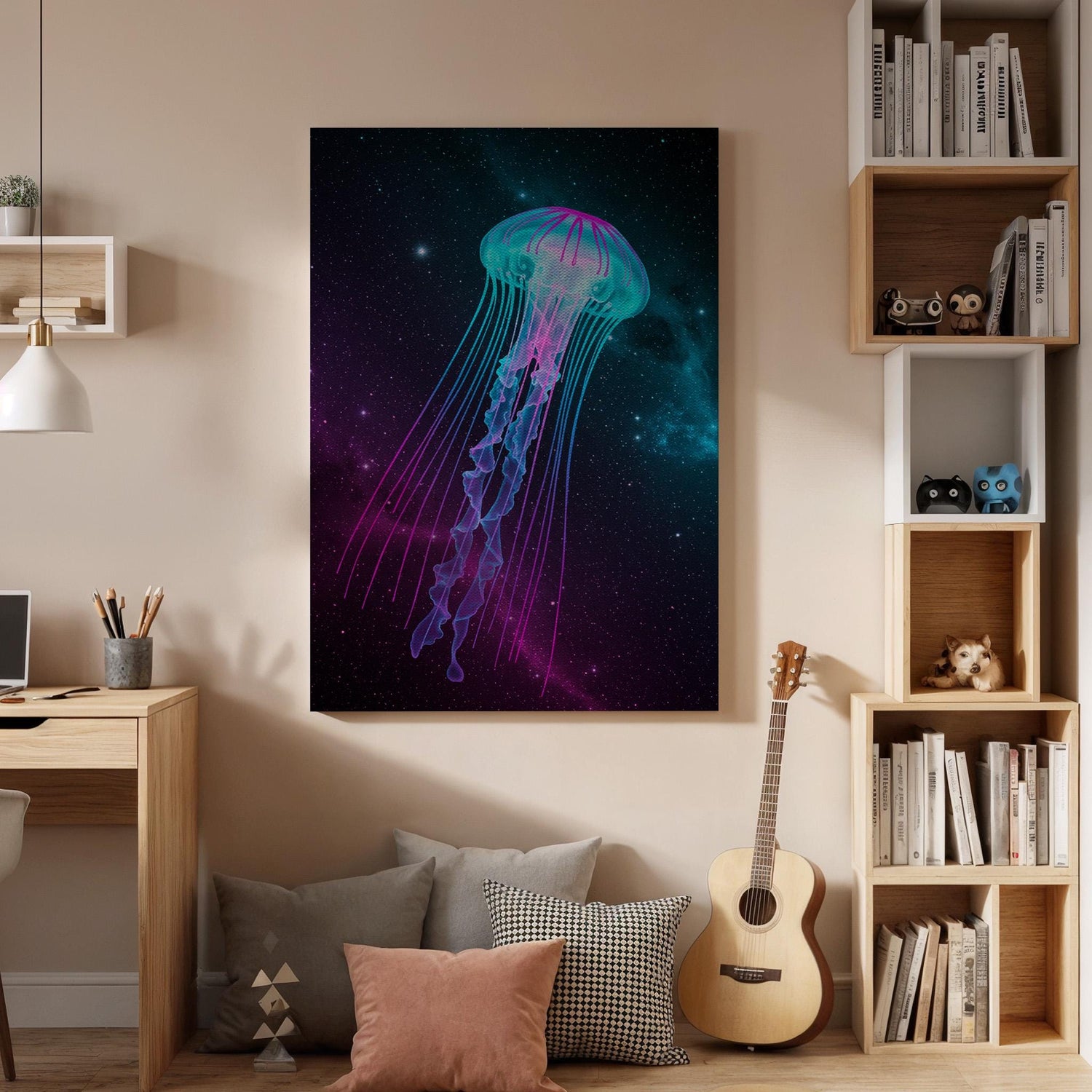 Neon Jellyfish Canvas Wall Art Framed, Cosmic Purple Teal Space Print, Modern Abstract Nautical Decor, Luxury Living Room Bedroom Artwork