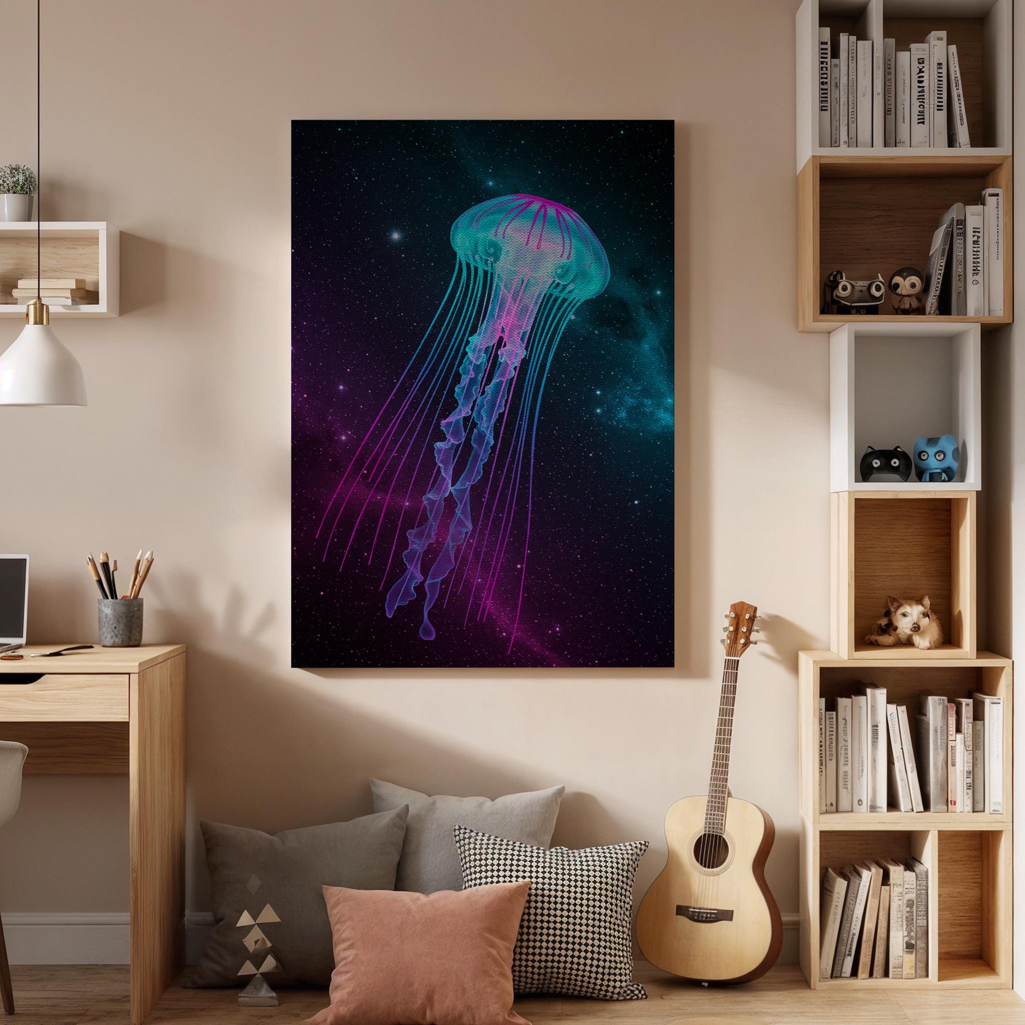 Neon Jellyfish Canvas Wall Art Framed, Cosmic Purple Teal Space Print, Modern Abstract Nautical Decor, Luxury Living Room Bedroom Artwork