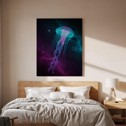 Neon Jellyfish Canvas Wall Art Framed, Cosmic Purple Teal Space Print, Modern Abstract Nautical Decor, Luxury Living Room Bedroom Artwork