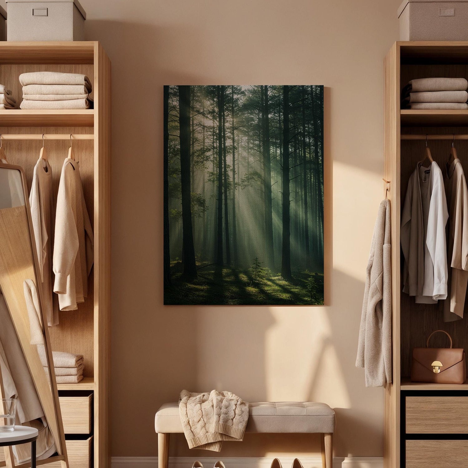 Forest Canvas Print, Sunlight Through Trees, Woodland Landscape Framed Decor