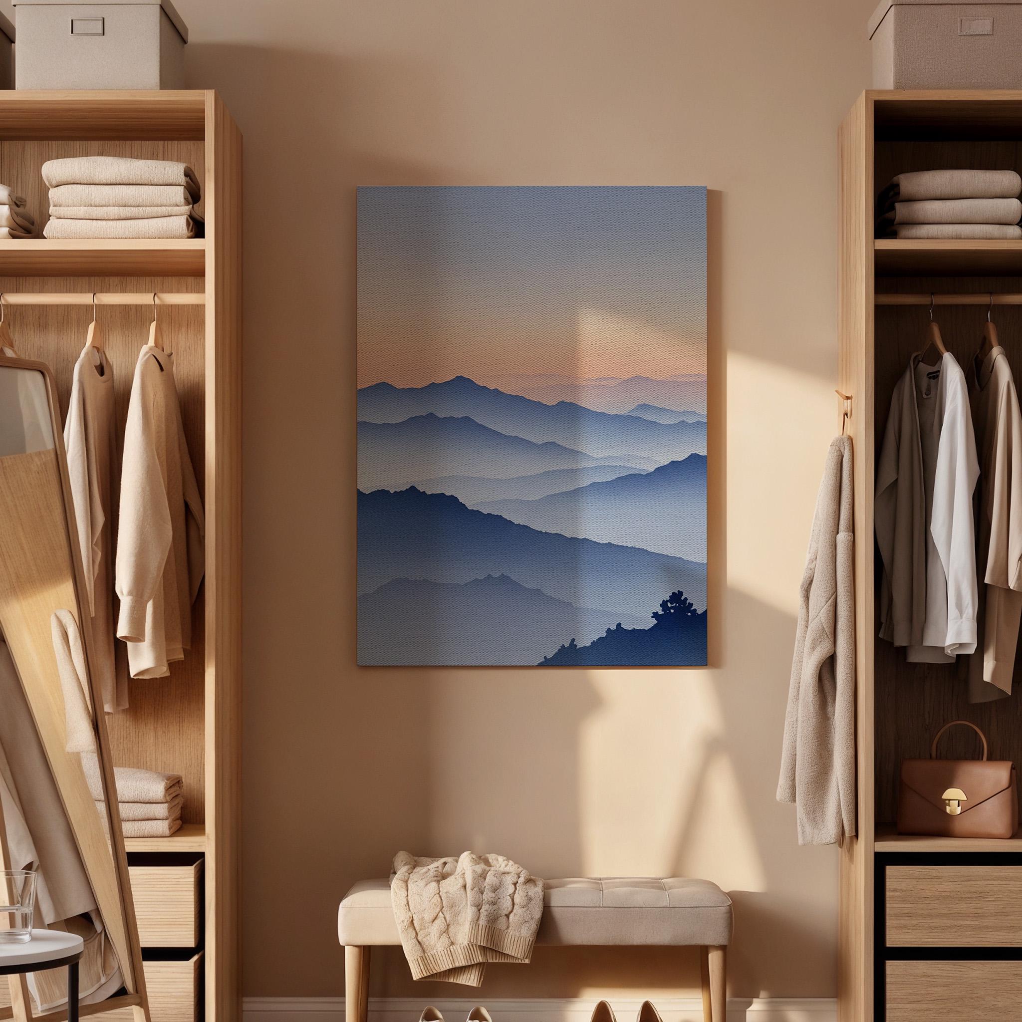 Mountain Sunset Canvas Wall Art, Misty Layered Landscape Print, Serene Nature Framed Decor for Bedroom, Living Room, Meditation Space