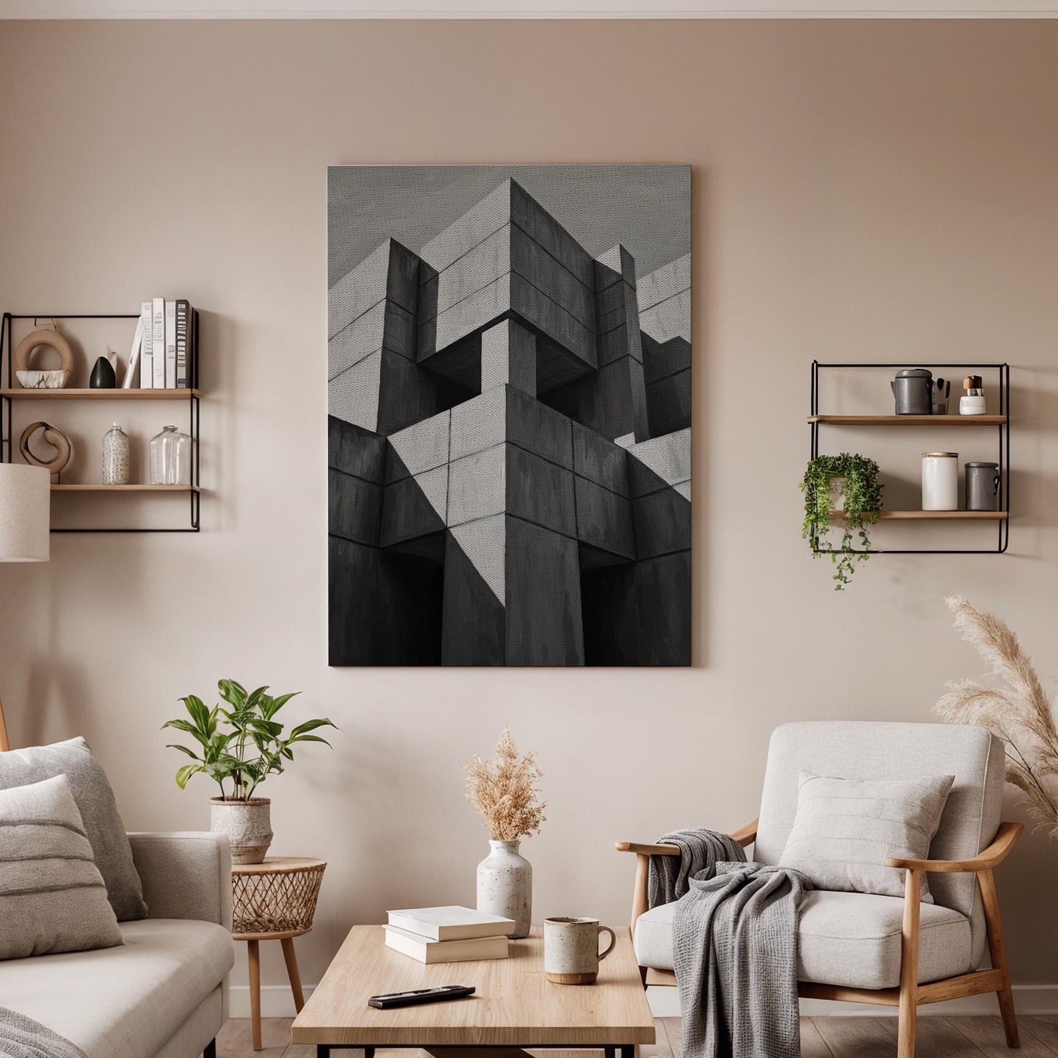 Brutalist Architecture Canvas Wall Art, Geometric Concrete Abstract Print, Modern Minimal Framed Decor for Office, Living Room or Studio