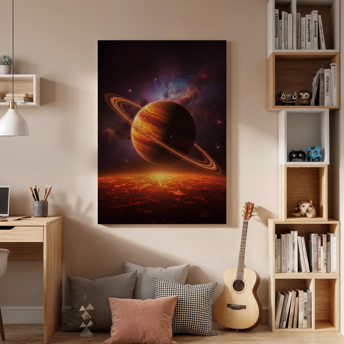 Ringed Planet Space Canvas Wall Art, Fiery Cosmic Galaxy Print, Sci Fi Astronomical Framed Decor for Bedroom, Living Room, Office or Studio