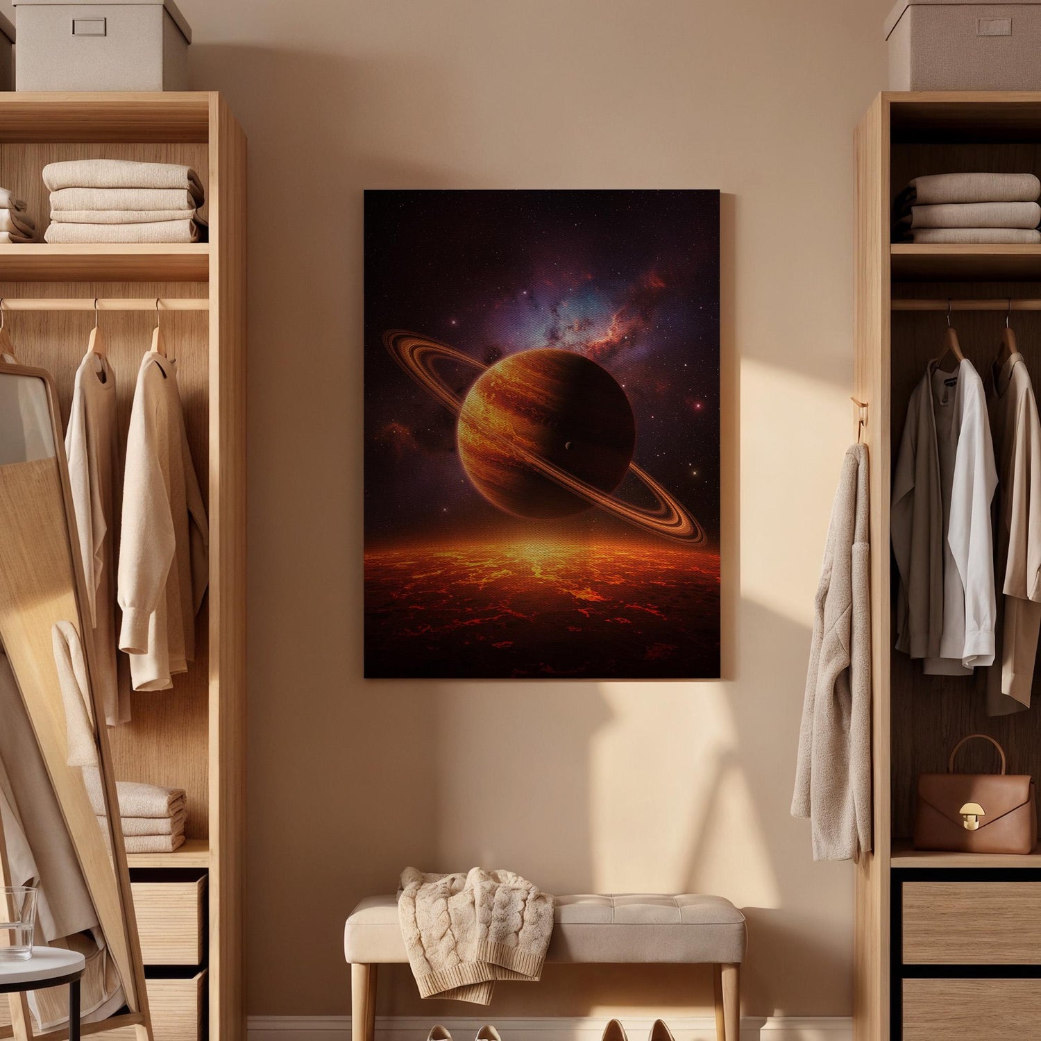 Ringed Planet Space Canvas Wall Art, Fiery Cosmic Galaxy Print, Sci Fi Astronomical Framed Decor for Bedroom, Living Room, Office or Studio
