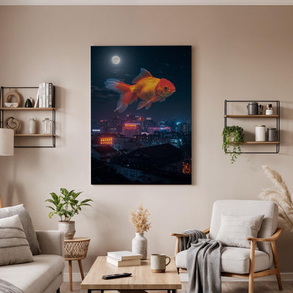 Giant Goldfish Canvas Print, Framed Surreal Night City Art