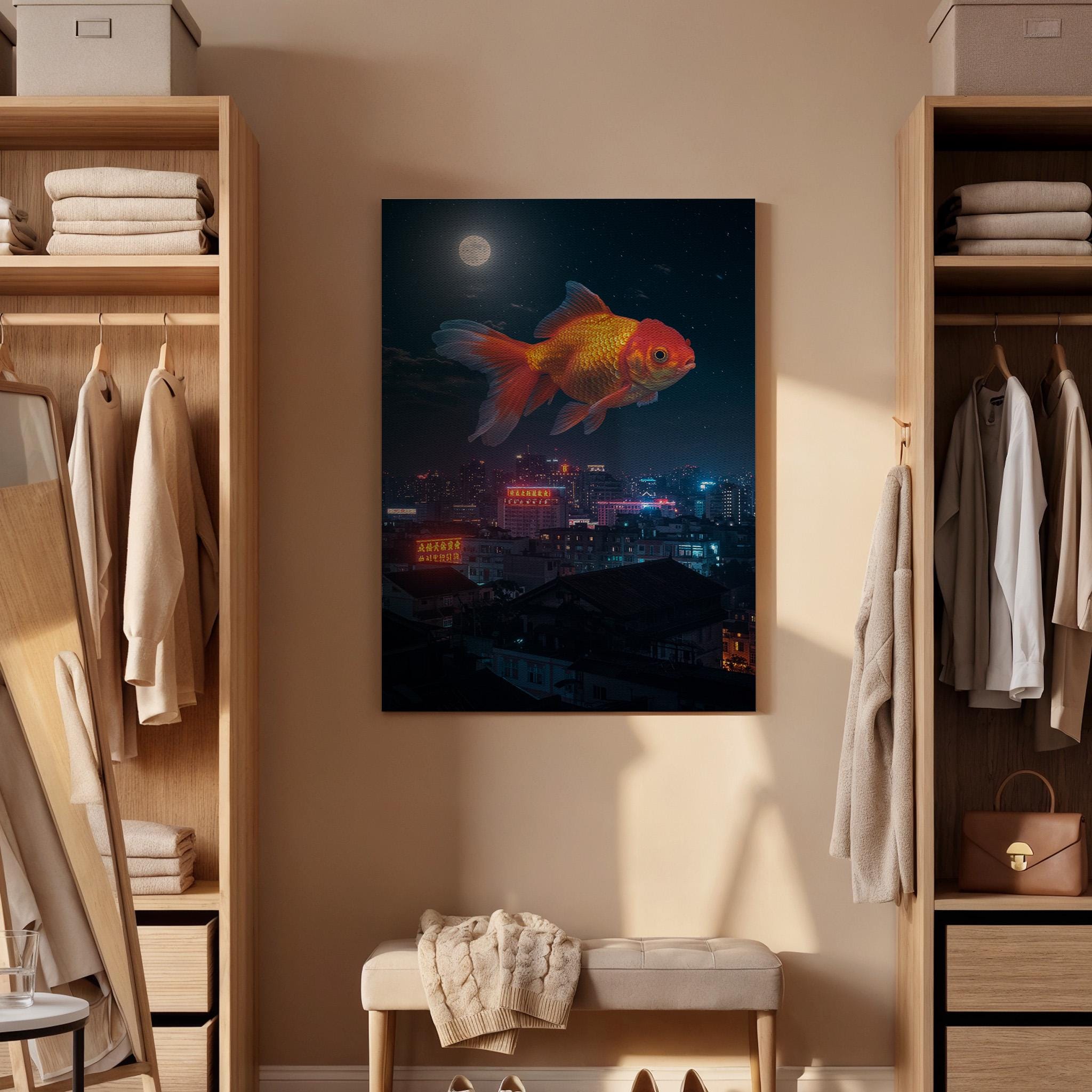 Giant Goldfish Canvas Print, Framed Surreal Night City Art