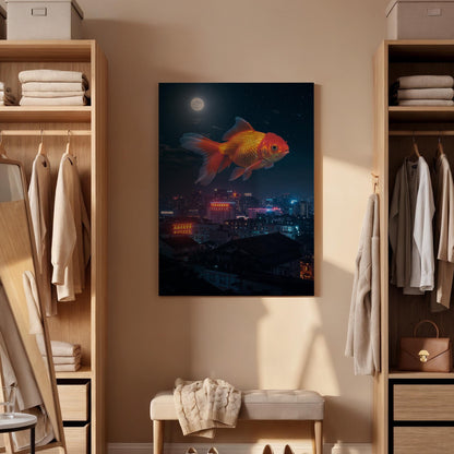 Giant Goldfish Canvas Print, Framed Surreal Night City Art