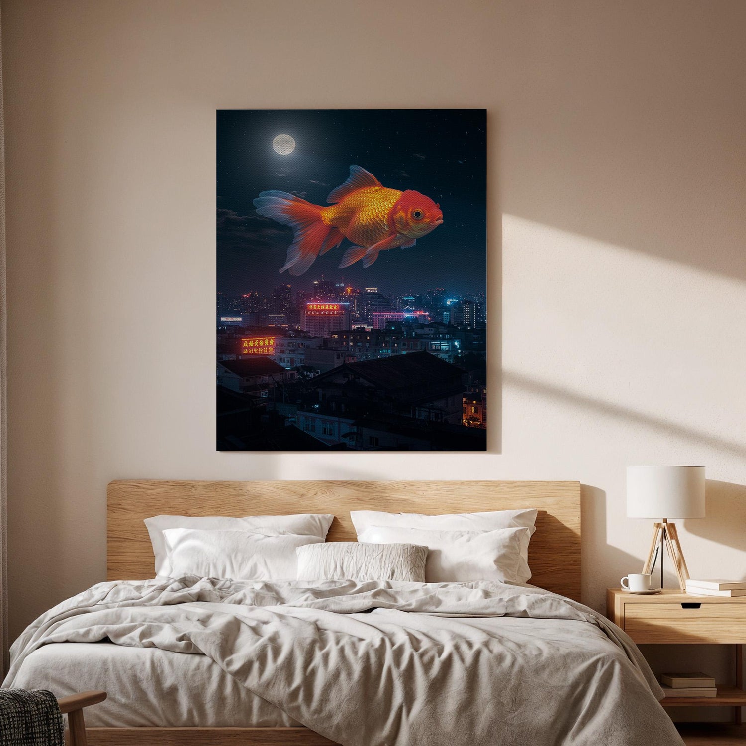 Giant Goldfish Canvas Print, Framed Surreal Night City Art