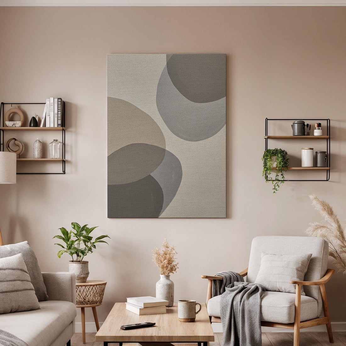 Minimalist Canvas Wall Art Framed, Neutral Abstract Geometric Print, Beige Grey Modern Decor for Living Room, Bedroom, Office or Entryway