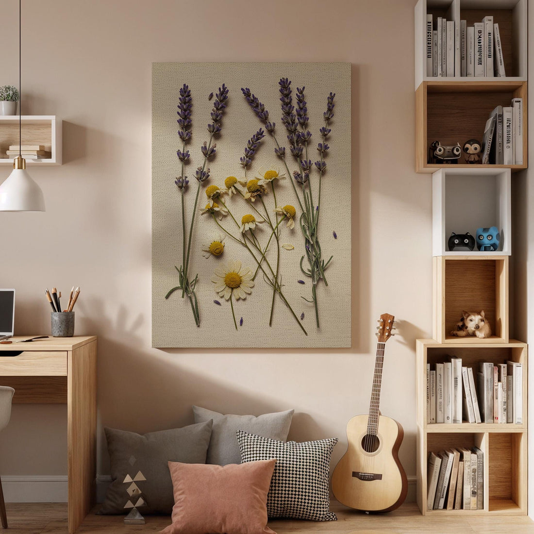 Lavender Chamomile Canvas Wall Art Framed, Rustic Botanical Flower Print, Cottagecore Country Farmhouse Decor for Kitchen, Bedroom