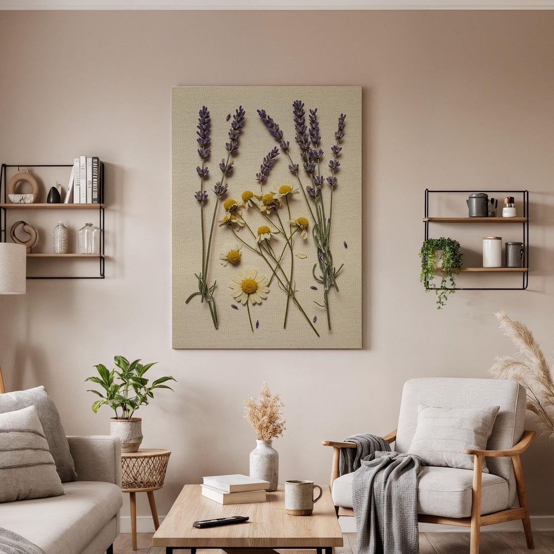 Lavender Chamomile Canvas Wall Art Framed, Rustic Botanical Flower Print, Cottagecore Country Farmhouse Decor for Kitchen, Bedroom