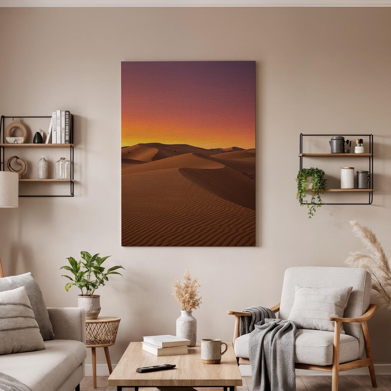 Desert Sunset Canvas Wall Art Framed, Golden Sand Dunes Landscape Print, Warm Minimal Nature Photography for Living Room, Bedroom or Office