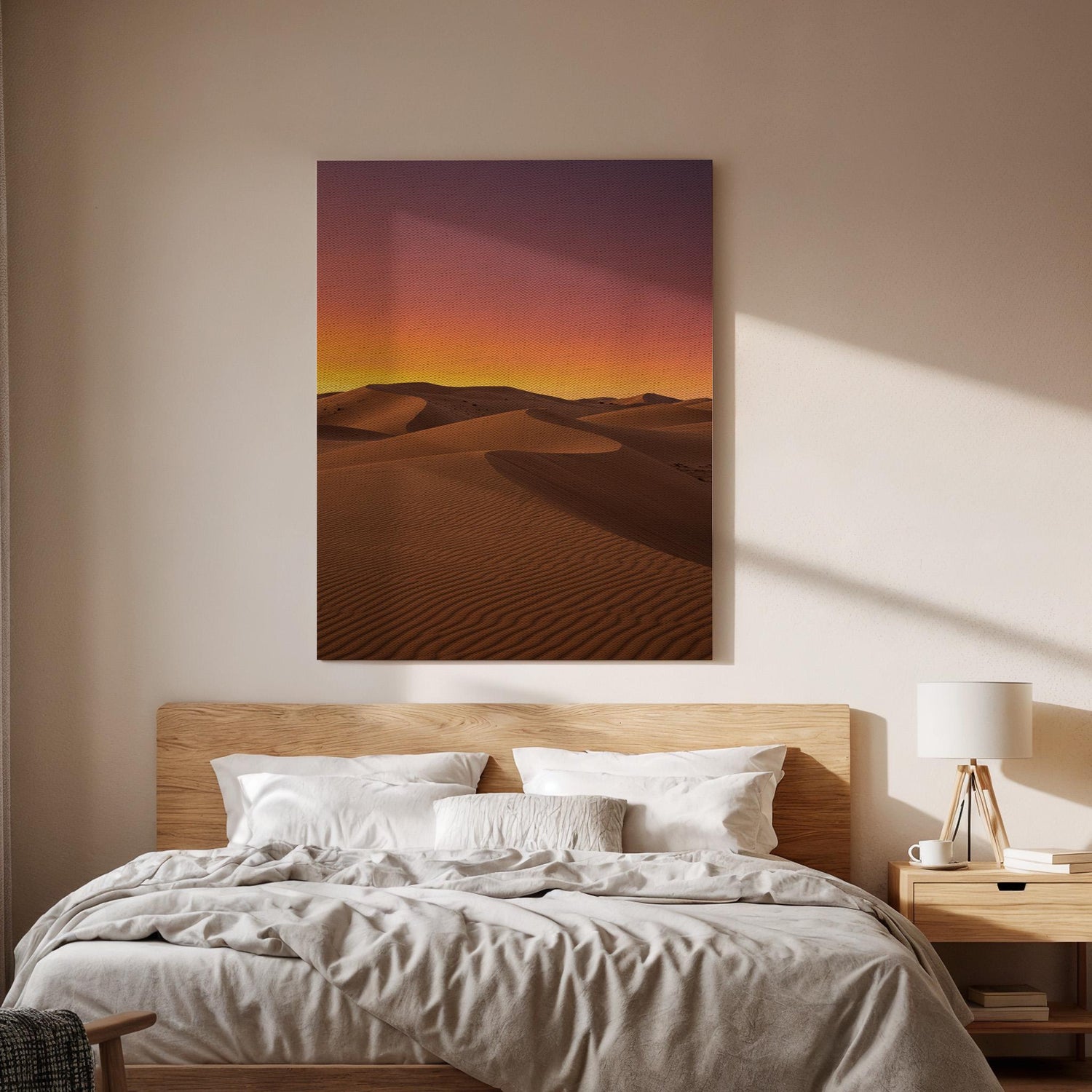 Desert Sunset Canvas Wall Art Framed, Golden Sand Dunes Landscape Print, Warm Minimal Nature Photography for Living Room, Bedroom or Office