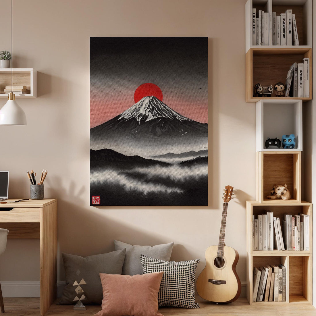 Japanese Mount Fuji Canvas Wall Art Framed, Red Sun Minimal Landscape Print, Zen Asian Nature Decor for Living Room, Meditation Space