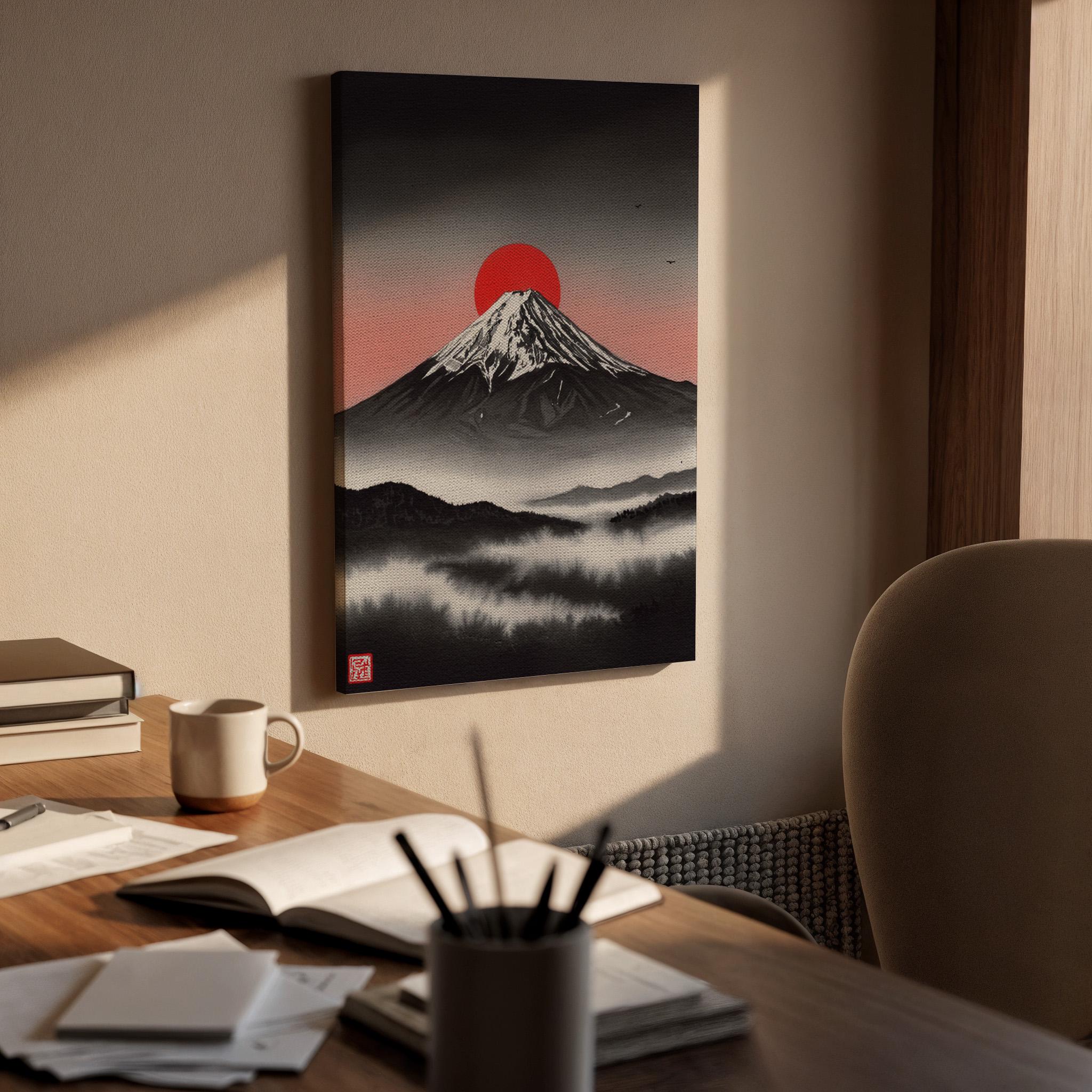 Japanese Mount Fuji Canvas Wall Art Framed, Red Sun Minimal Landscape Print, Zen Asian Nature Decor for Living Room, Meditation Space