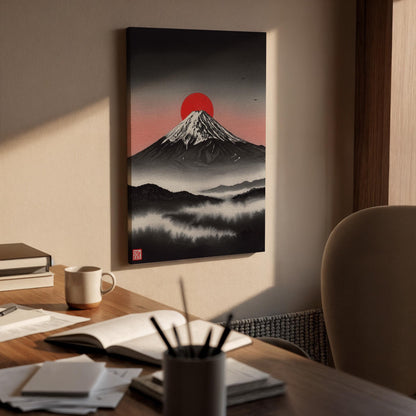 Japanese Mount Fuji Canvas Wall Art Framed, Red Sun Minimal Landscape Print, Zen Asian Nature Decor for Living Room, Meditation Space