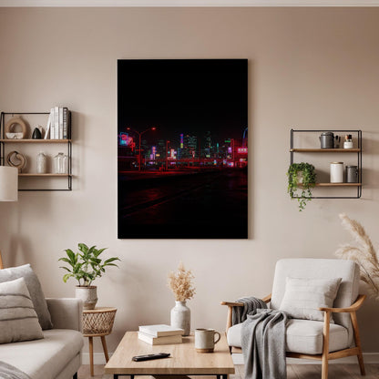 Neon City Night Canvas Wall Art Framed, Futuristic Urban Skyline Print, Dark Modern Street Lights Photography Decor for Bedroom or Office