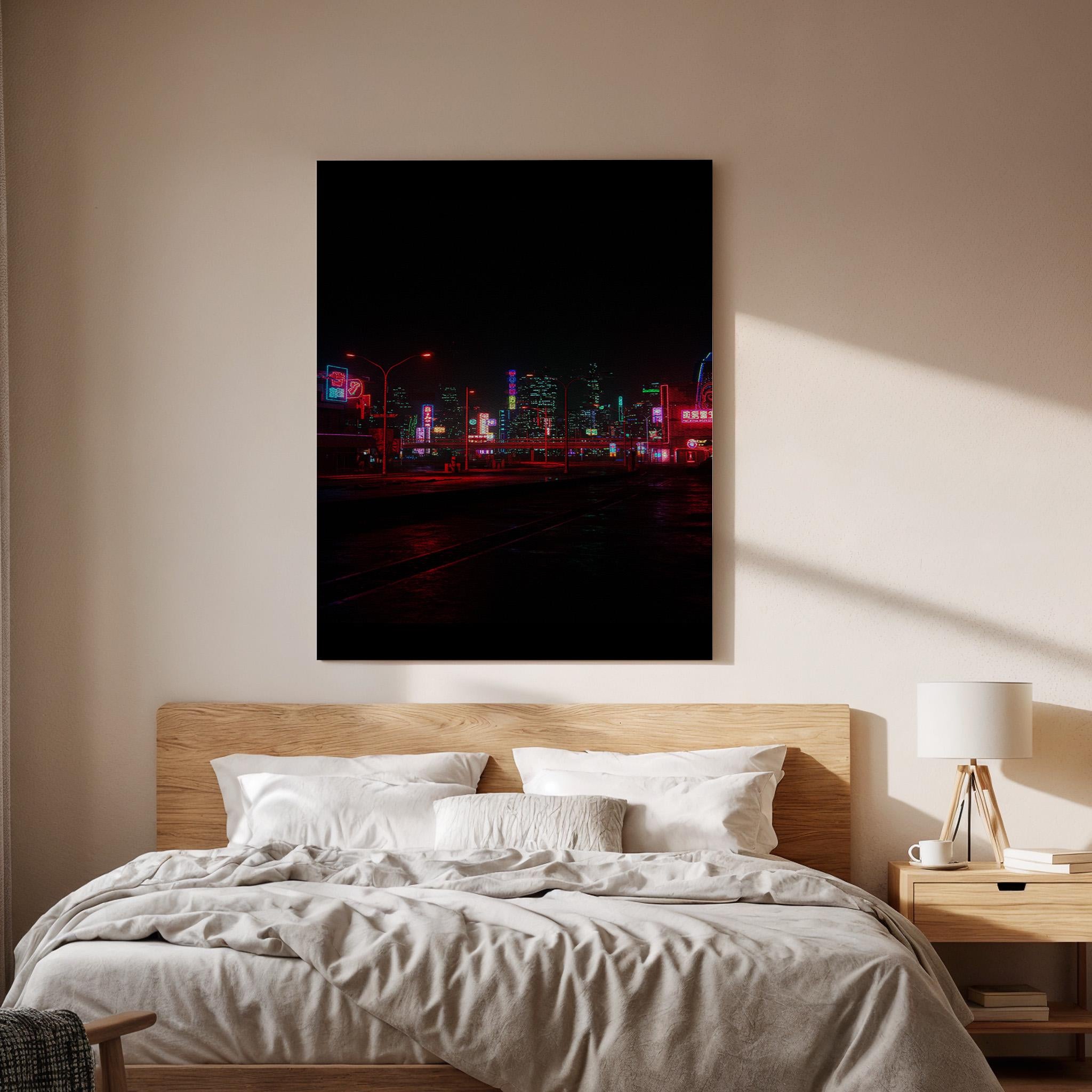Neon City Night Canvas Wall Art Framed, Futuristic Urban Skyline Print, Dark Modern Street Lights Photography Decor for Bedroom or Office