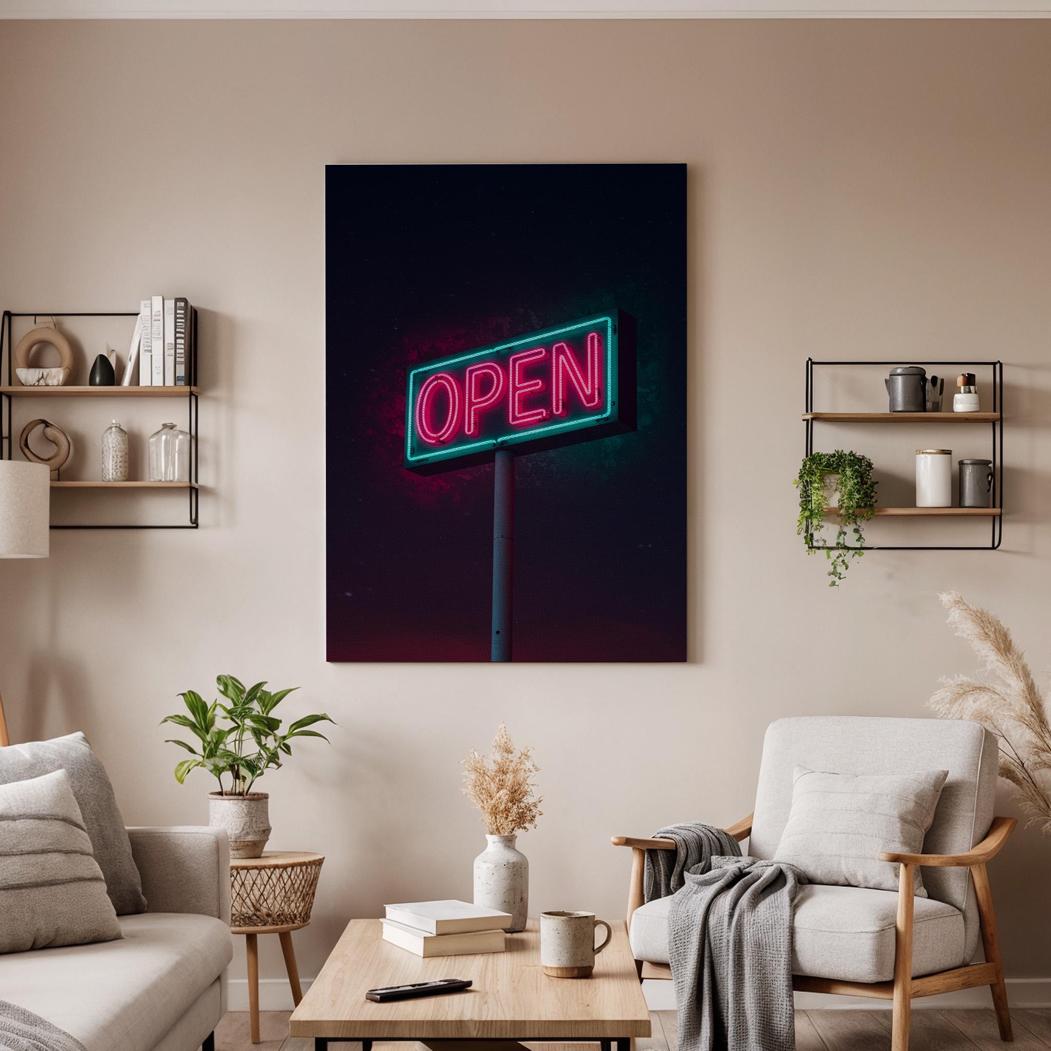 Neon Open Sign Canvas Wall Art Framed, Pink Green Retro Modern Print, Urban Industrial Bar Cafe Decor, Luxury Living Room Office Artwork