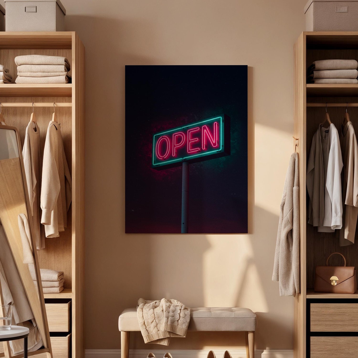 Neon Open Sign Canvas Wall Art Framed, Pink Green Retro Modern Print, Urban Industrial Bar Cafe Decor, Luxury Living Room Office Artwork