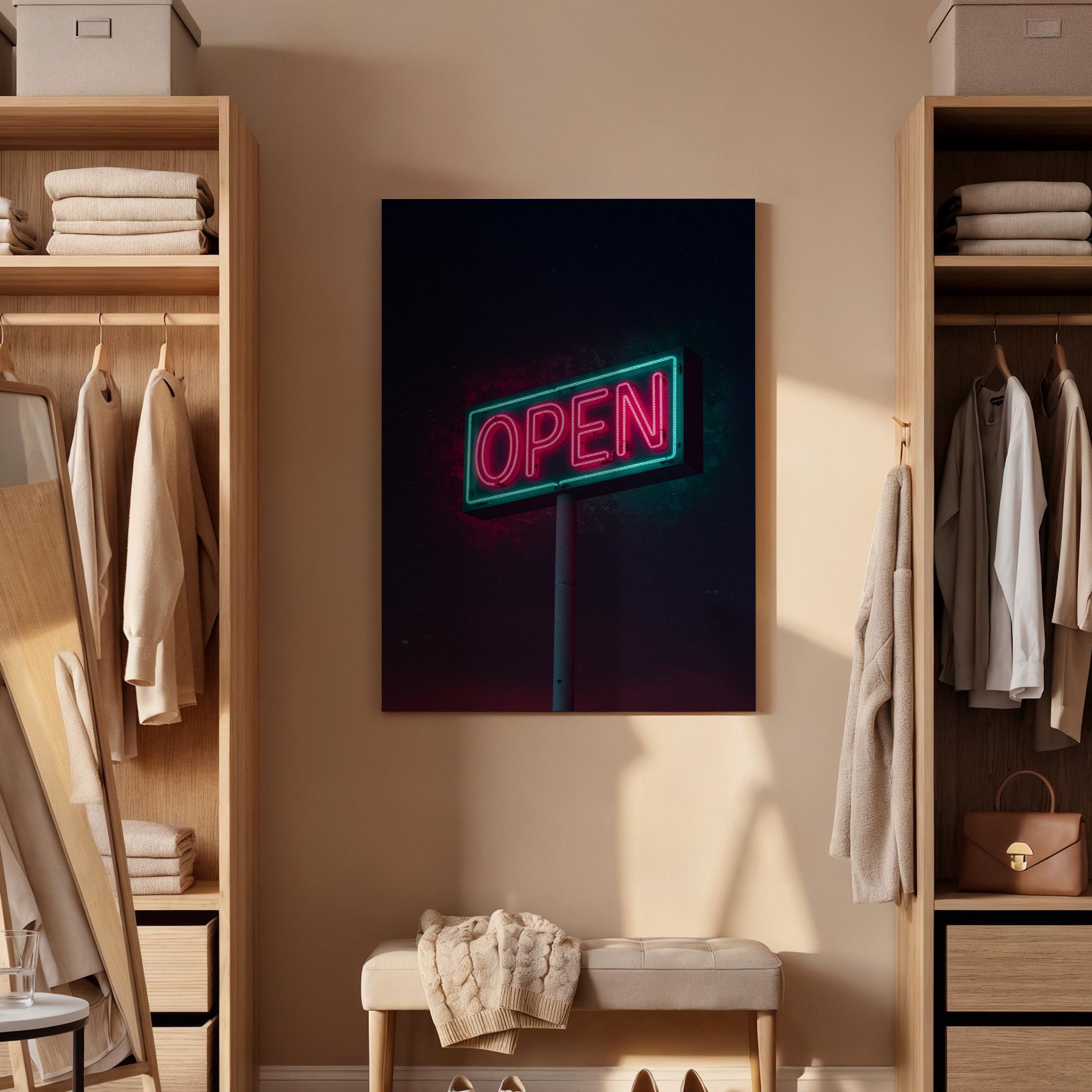 Neon Open Sign Canvas Wall Art Framed, Pink Green Retro Modern Print, Urban Industrial Bar Cafe Decor, Luxury Living Room Office Artwork