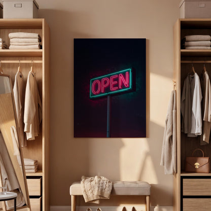 Neon Open Sign Canvas Wall Art Framed, Pink Green Retro Modern Print, Urban Industrial Bar Cafe Decor, Luxury Living Room Office Artwork