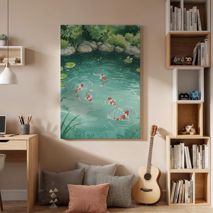 Koi Fish Pond Canvas Wall Art, Zen Nature Print for Home, Framed Serene Lake Scene, Japanese Garden Artwork for Bedroom or Meditation