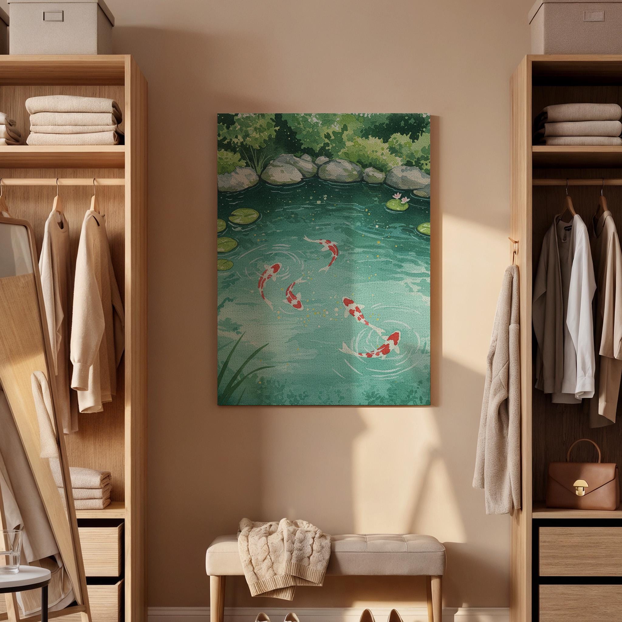 Koi Fish Pond Canvas Wall Art, Zen Nature Print for Home, Framed Serene Lake Scene, Japanese Garden Artwork for Bedroom or Meditation