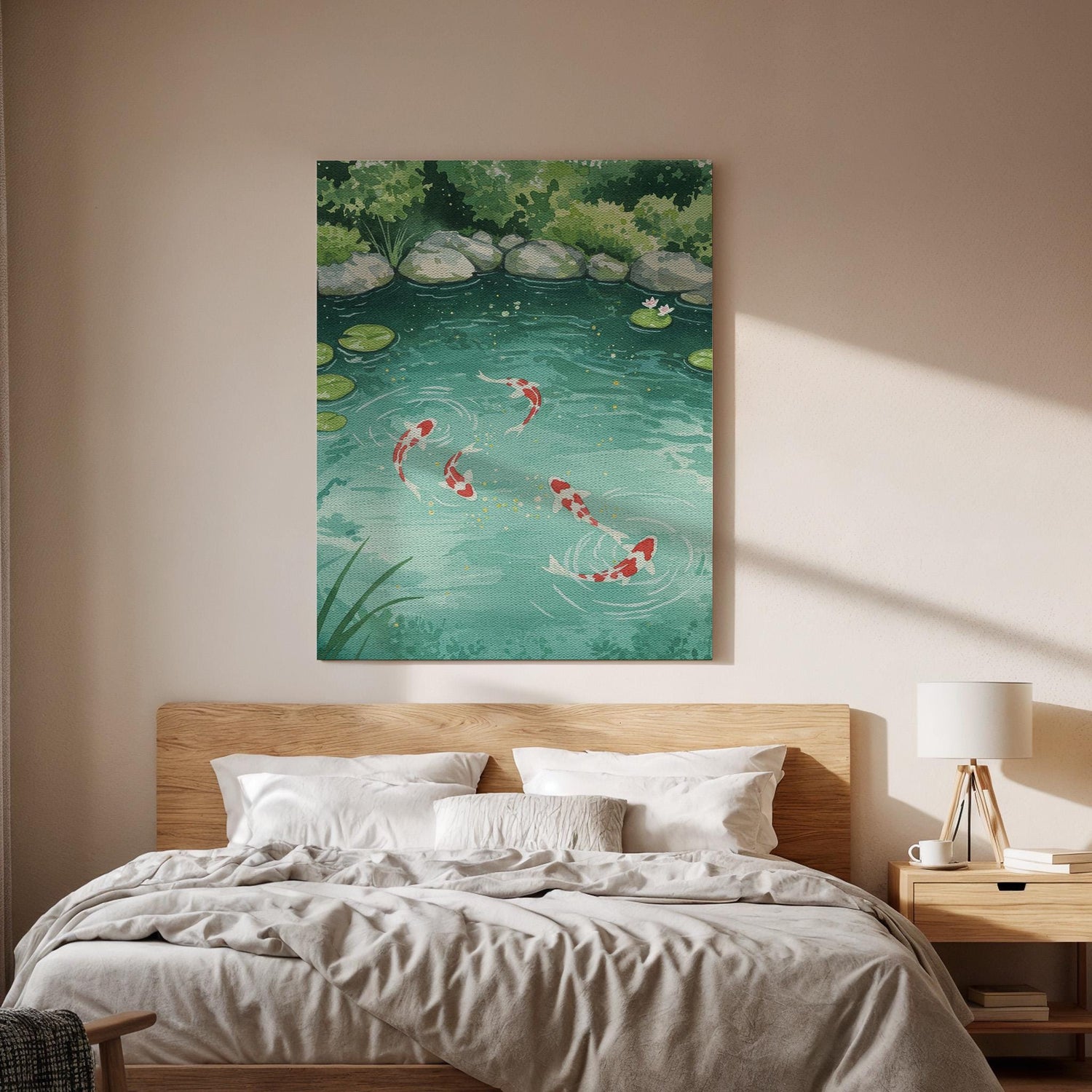 Koi Fish Pond Canvas Wall Art, Zen Nature Print for Home, Framed Serene Lake Scene, Japanese Garden Artwork for Bedroom or Meditation