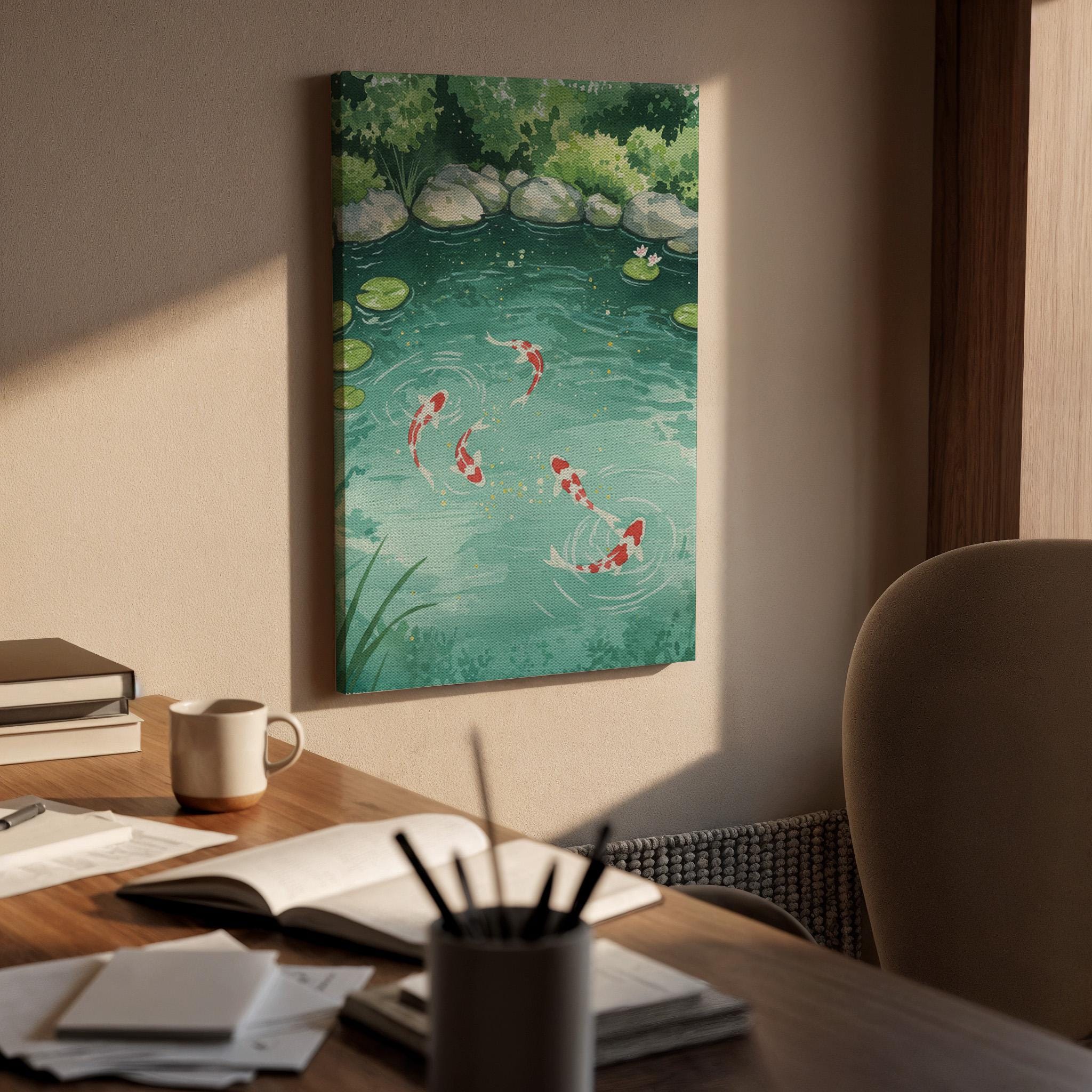 Koi Fish Pond Canvas Wall Art, Zen Nature Print for Home, Framed Serene Lake Scene, Japanese Garden Artwork for Bedroom or Meditation