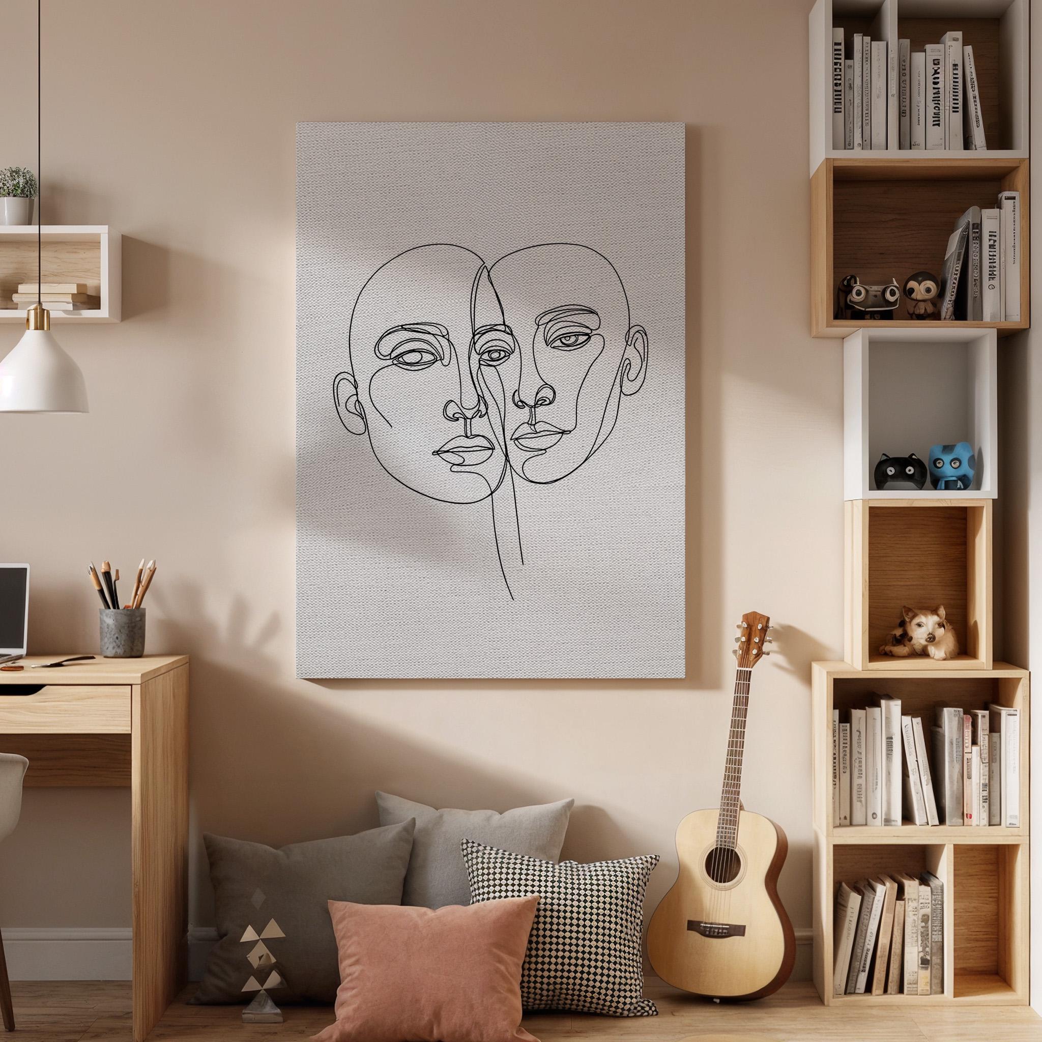 Two Faces Line Art Canvas Print, Minimalist Abstract Couple Portrait, Framed Black and White Modern Wall Decor for Bedroom or Living Room