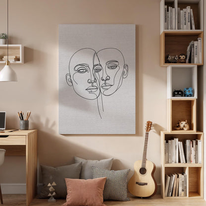 Two Faces Line Art Canvas Print, Minimalist Abstract Couple Portrait, Framed Black and White Modern Wall Decor for Bedroom or Living Room