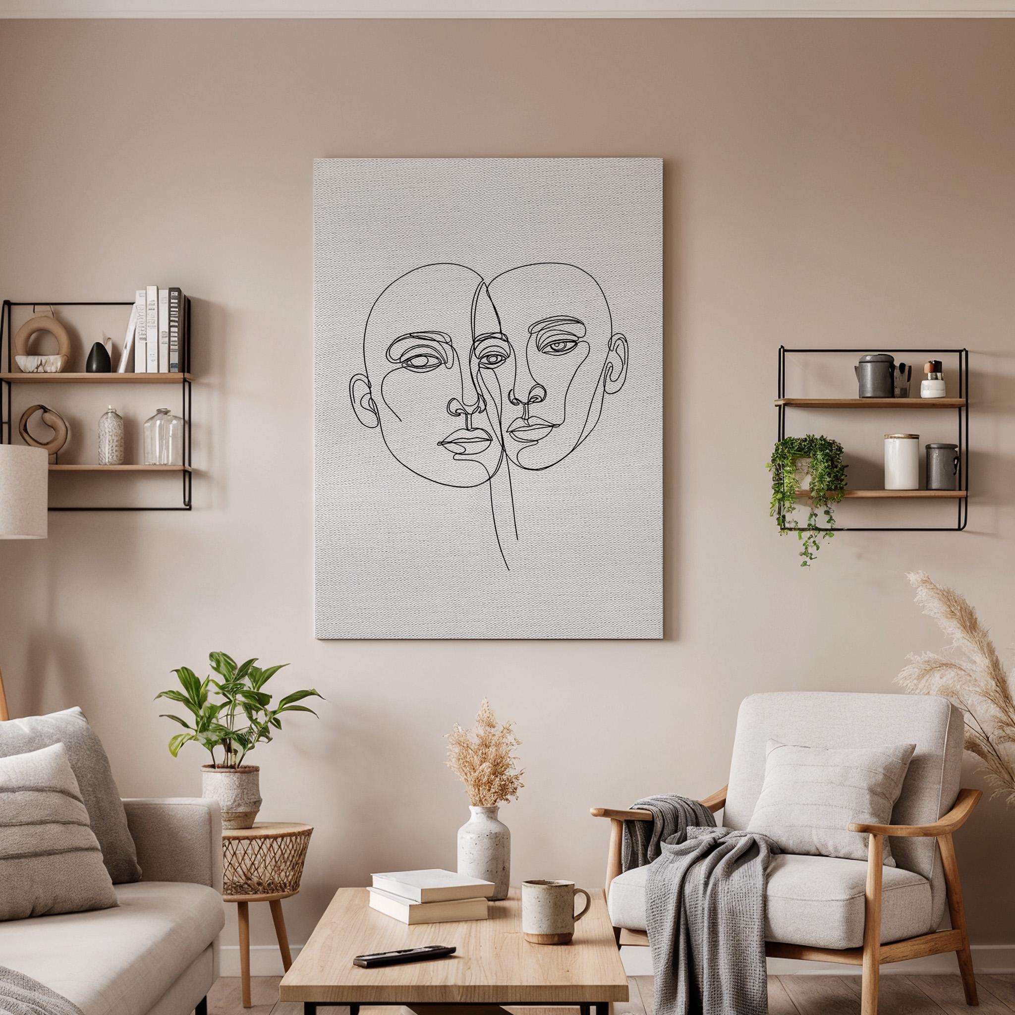 Two Faces Line Art Canvas Print, Minimalist Abstract Couple Portrait, Framed Black and White Modern Wall Decor for Bedroom or Living Room