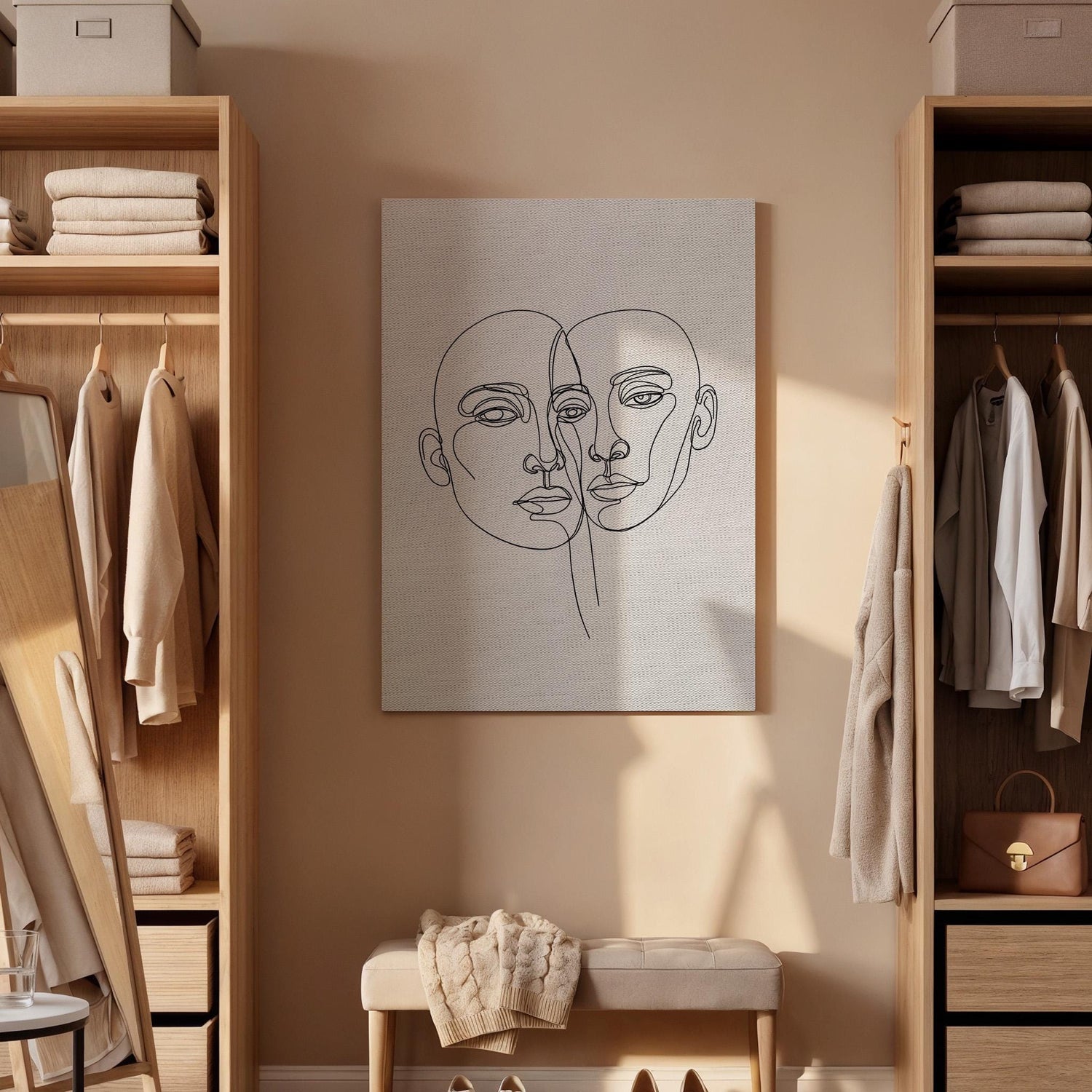 Two Faces Line Art Canvas Print, Minimalist Abstract Couple Portrait, Framed Black and White Modern Wall Decor for Bedroom or Living Room