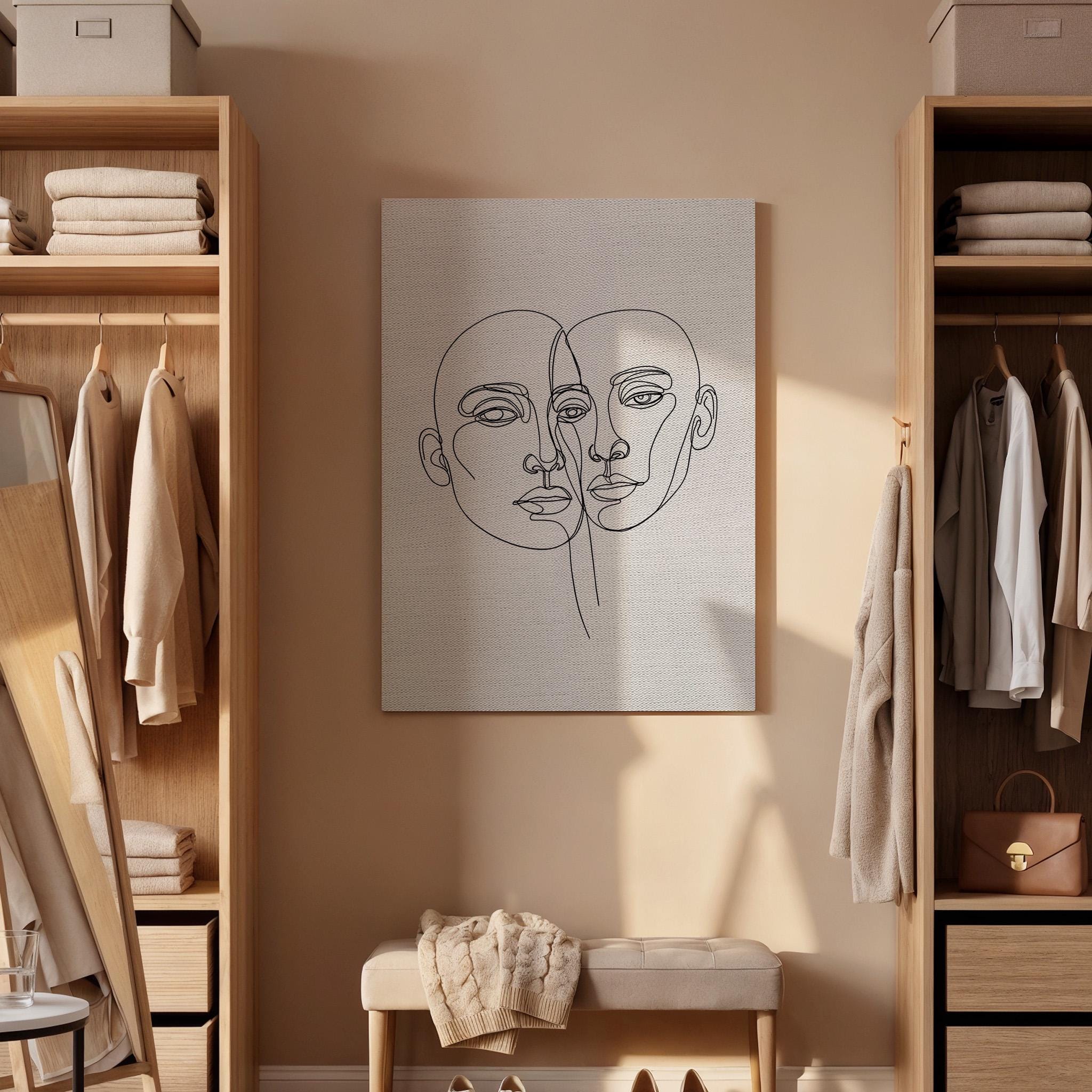 Two Faces Line Art Canvas Print, Minimalist Abstract Couple Portrait, Framed Black and White Modern Wall Decor for Bedroom or Living Room
