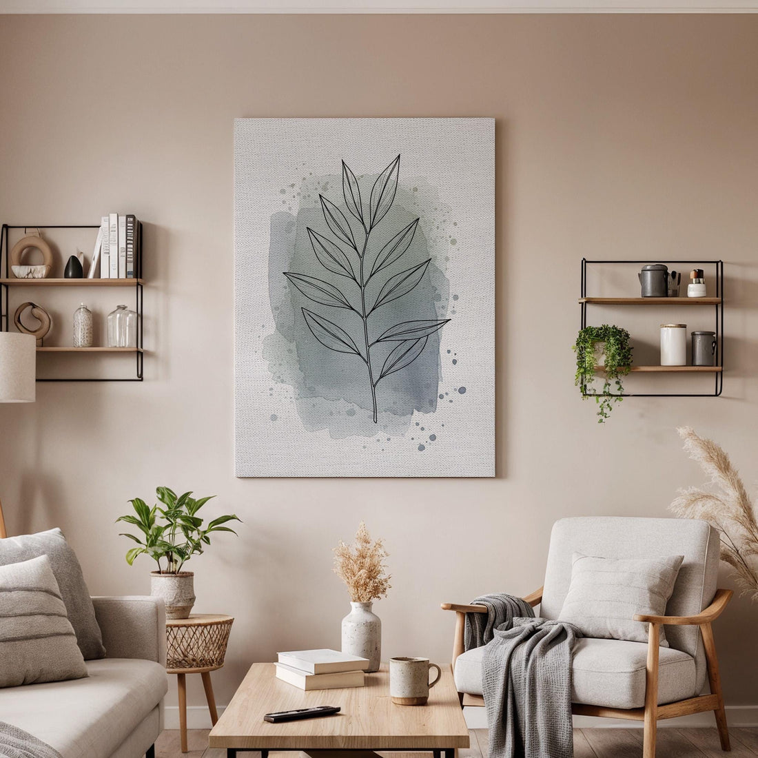 Leaf Line Art Canvas Wall Print, Minimalist Botanical Watercolor Style Framed Nature Illustration, Calming Plant Artwork for Modern Decor
