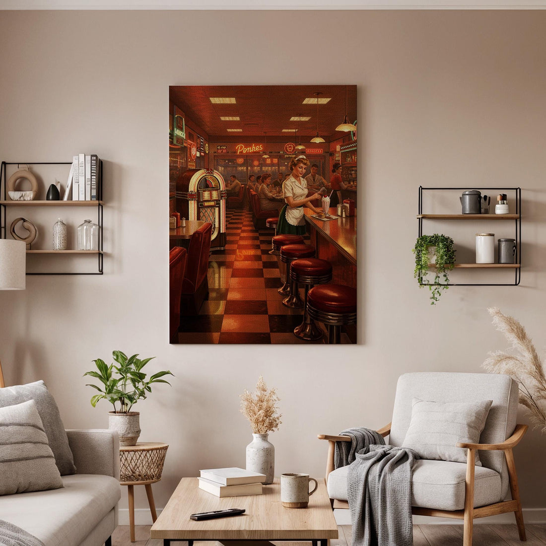 Vintage Diner Canvas Wall Art Framed, 50s American Retro Bar Scene Print, Classic Nostalgic Decor for Kitchen, Cafe, Game Room or Office