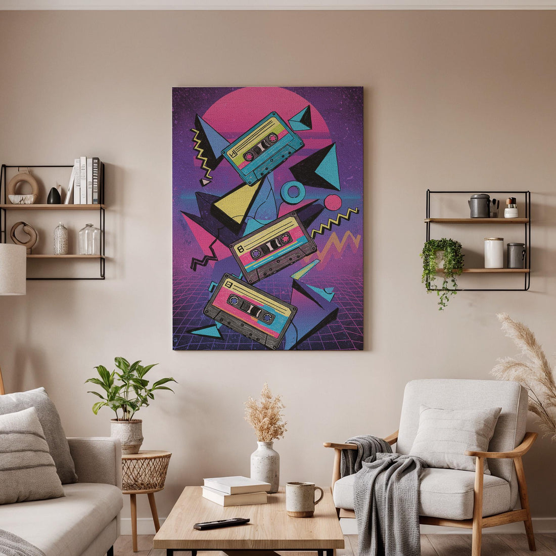 Retro Cassette Tape Canvas Wall Art, 80s Synthwave Music Print, Neon Vaporwave Style Framed Poster for Studio, Game Room or Teen Bedroom