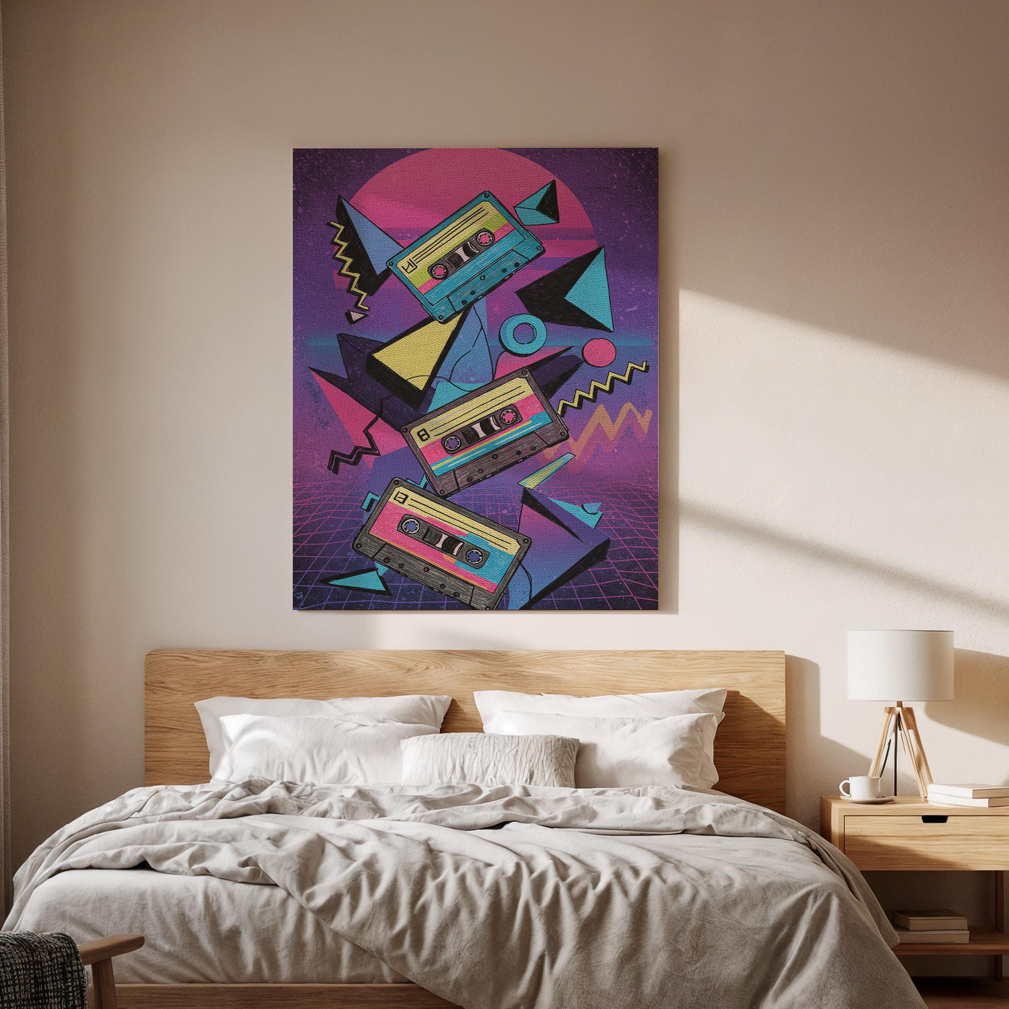 Retro Cassette Tape Canvas Wall Art, 80s Synthwave Music Print, Neon Vaporwave Style Framed Poster for Studio, Game Room or Teen Bedroom